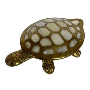 Brass Turtle Trinket Box with Mother of Pearl Shell Inlay Heavy Vintage Decor
